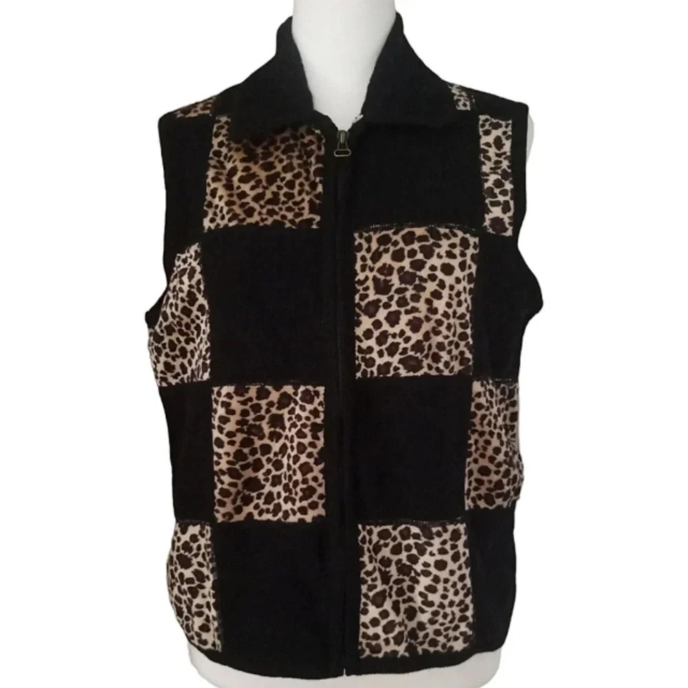Vintage Tally Ho 100% Wool‎ Leopard Print Patchwork Vest Size Medium Full Zip